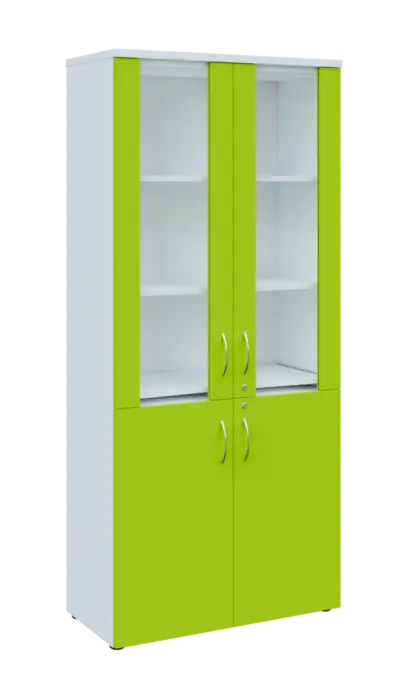 LE - 01 skříň lékařská prosklená, korpus bílá, dvířka jarní zeleň